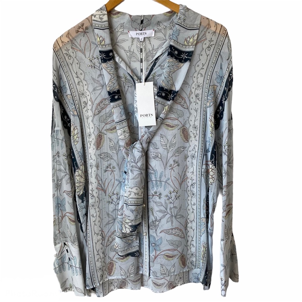 Ports Dawn Blue Print 100% Silk Floral Blouse NEW